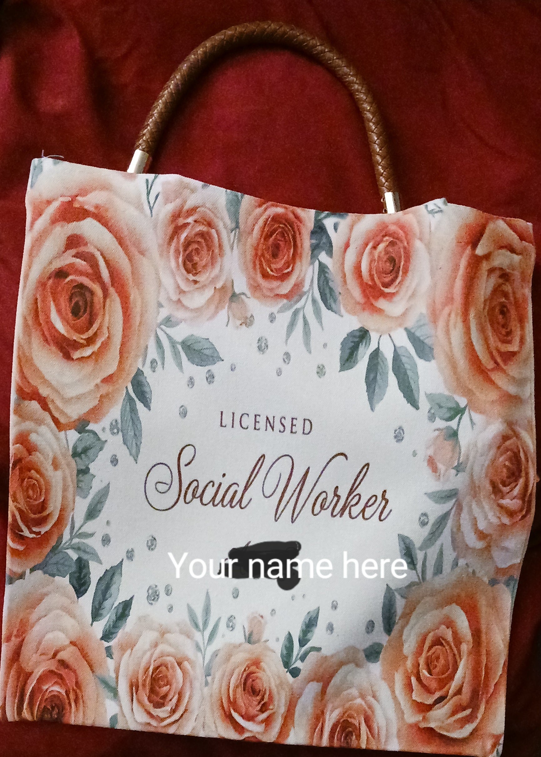 Personalized Sublimated tote comes with matching tumbler with occupation and name $40. Price includes shipping.